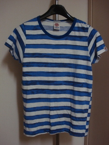 格安イタリア製 FRANKLIN&MARSHALL(フランクリン&マーシャル) ブルー系×白系の綺麗なマリーン風ボーダー柄地・高級丸首半袖Tシャツ S～M位