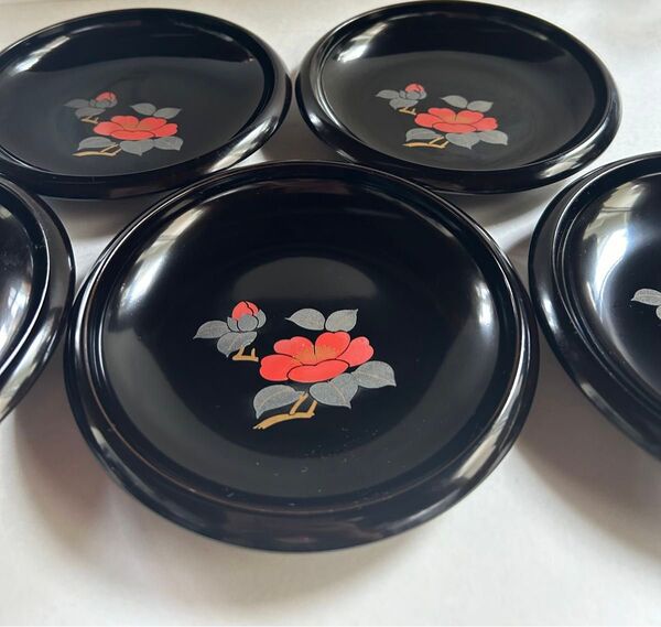 お値下げ★ 漆器 銘々皿 五客 蒔絵 木製漆器 椿柄 菓子皿 美品