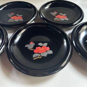 お値下げ★ 漆器 銘々皿 五客 蒔絵 木製漆器 椿柄 菓子皿 美品