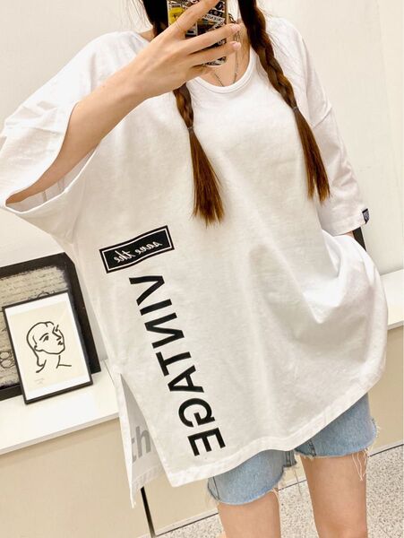 春夏半袖Tシャツ スリットビッグサイズ 韓国ファッション ルーズフィットプリント