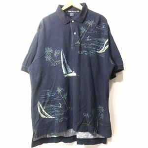 ■90s ビンテージ 香港製 インパクト大 ノーティカ ヨット柄 ポロシャツ サイズXL 紺 nautica ノーチカ 総柄 アシンメトリー セーリング■