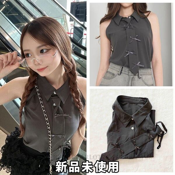ダーリッチ darich リボンネクタイノースリブラウス GRY