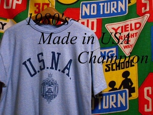 ★コンディション◎な1枚★Made in USA製アメリカ製ChampionチャンピオンビンテージUSNA染み込みプリントTシャツ80s80年代トリコタグ青霜降