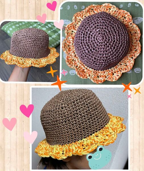 ハンドメイド 麦わら帽子 バケットハット キッズ ひまわり 子供