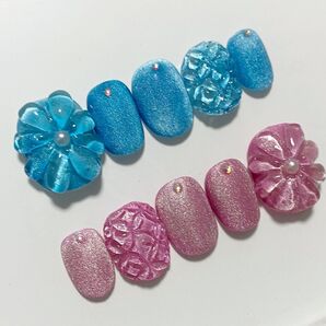 ぷっくりフラワー マグネットネイル ネイルチップ ピンク ブルー キルティングネイル キラキラ