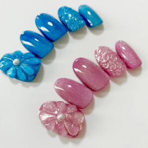 ぷっくりフラワー マグネットネイルチップ ブルー ピンク ちゅるん キラキラ キルティング