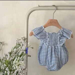ロンパース 女の子 monbebe ギンガムチェック Lサイズ 値下げ ブルー 夏服
