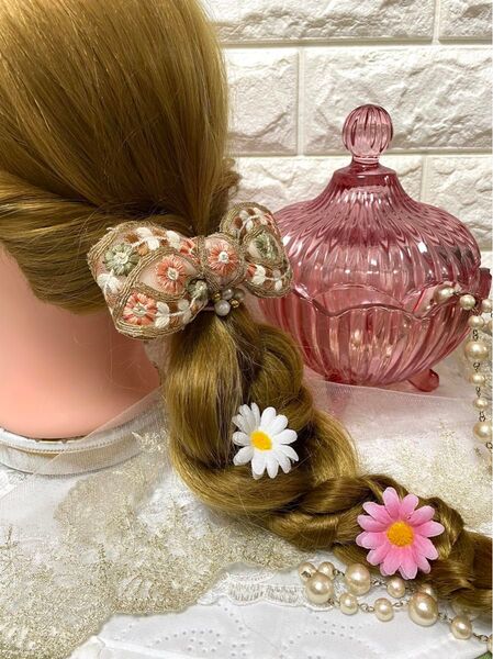 2549インド刺繍リボン☆ヘアゴム ハンドメイド プリンセス パール付きゴム