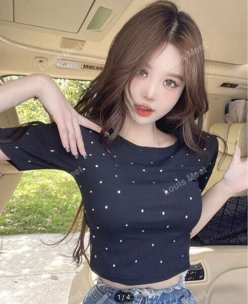 SHEIN ラインストーンショート丈Tシャツ