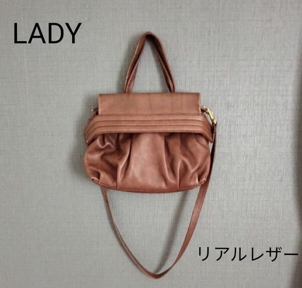 セール【LADY】★リアルレザー革★ 2wayショルダーバッグ ブラウン ひつじ革 ハンドバッグ 本革 軽い 高級感 仕切り沢山