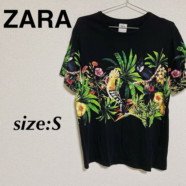 ZARA ザラ メンズTシャツ ジャングル 鳥 インコ 黒Tシャツ
