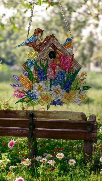 2羽の小鳥さんと、たくさんのお花に囲まれた巣箱のダイヤモンドビーズアート(完成品)