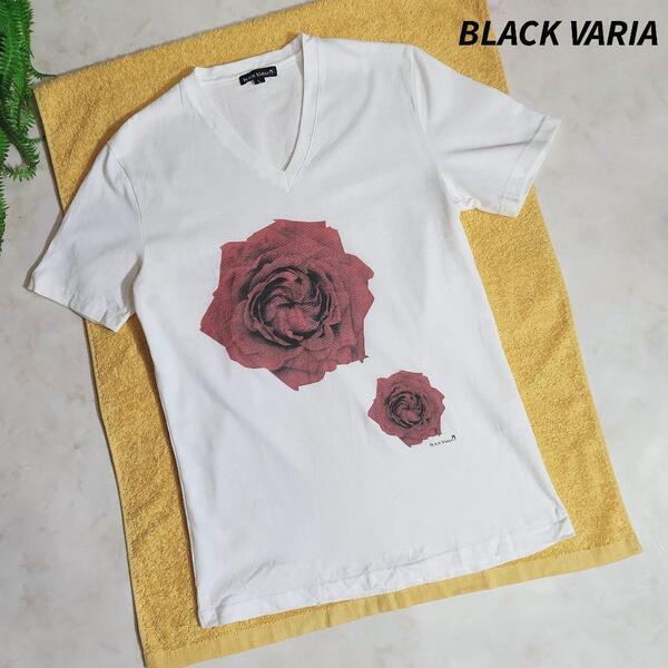 BLACK VARIA 薔薇・花プリント Vネック Tシャツ オフホワイトお兄系 ホスト系 83399