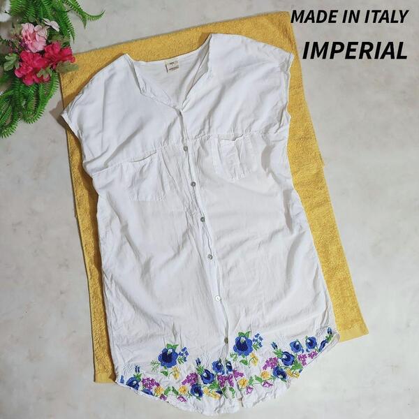 イタリア製 IMPERIAL フラワー刺繍・フレンチスリーブ ややロング丈・半袖ブラウス メリヤスに似た生地 花柄 白 68526