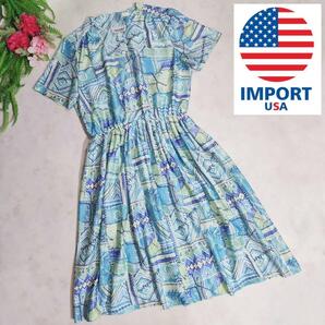 Anthony Richards マルチカラー総柄ワンピース・よく伸縮 水色 ライトグリーンなどアメリカ古着 68455