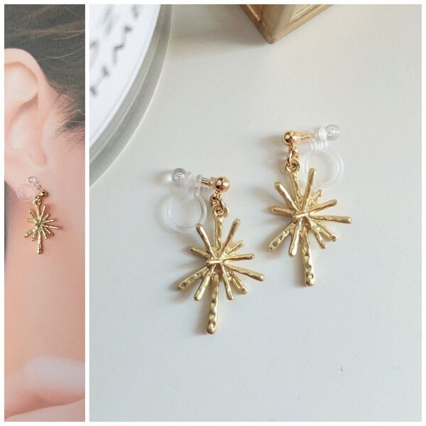 【No.69】 ハンドメイド イヤリング ピアス ゴールド シンプル 樹脂 小さめ 軽い ノンホールピアス マットゴールド