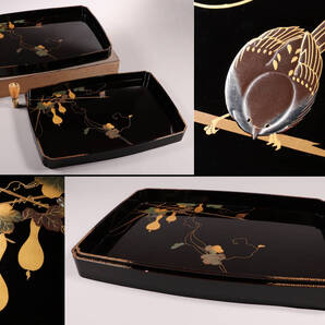 瓢箪雀蒔絵 広盆 大小一組 黒塗 金銀蒔絵 螺鈿細工 木製漆器 伝統工芸品 広蓋 廣蓋 長方盆 花鳥 MA9