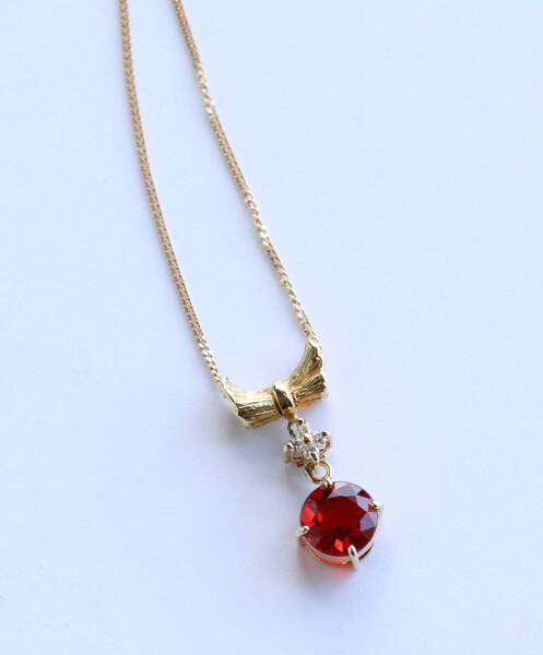 K18 750 石0.66ct ネックレス ガーネット ダイヤモンド ルビー リボン フラワー 宝石 ジュエリー【K35】
