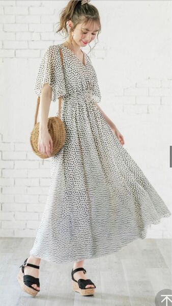 GRL フレアスリーブダルメシアン柄カシュクールワンピース
