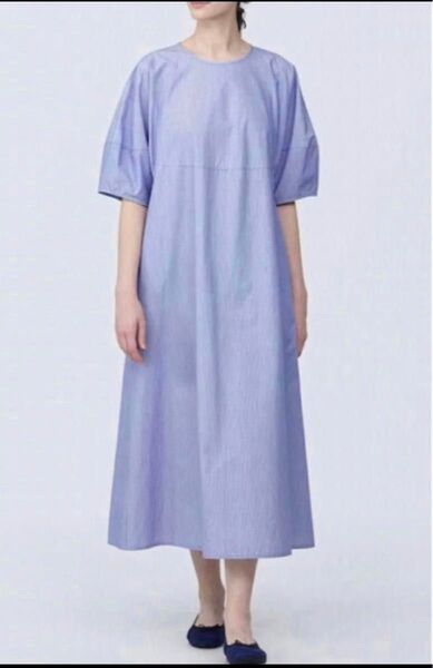 新品 無印良品 婦人 涼感 ブロードプルオーバー半袖ワンピース ワンピース 半袖 プルオーバー L ブルーストライプ