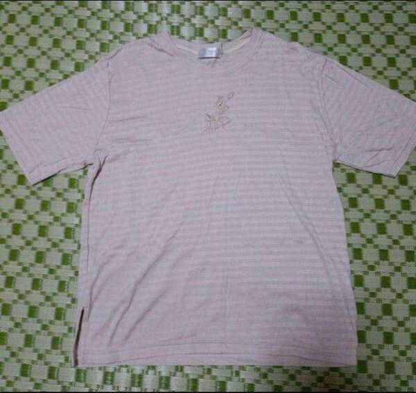 Tシャツ Mサイズ ベージュ ボーダー 刺繍