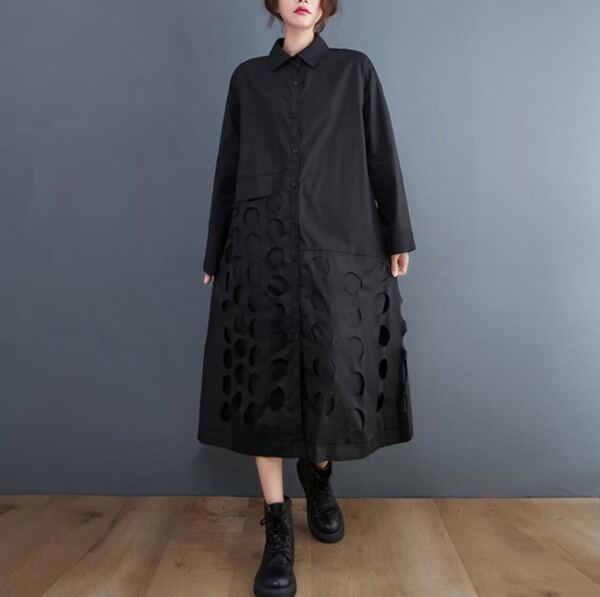 ワンピース ロングワンピース マキシ丈 ドレス シャツワンピース マキシ丈ワンピース モード 体型カバー マタニティ シャツ 黒 ブラック L
