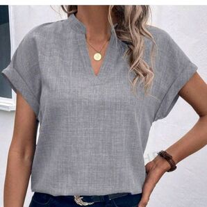SHEIN Clasi ソリッドカラー ノッチVネック バットウィングスリーブ レディースサマーシャツ XL グレー