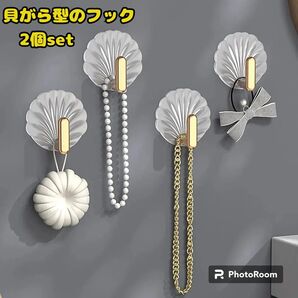 2個セット フック 壁付けフック 貝殻 シェル 海モチーフ クリア クリアカラー キッチン バスルーム 寝室