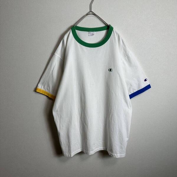 チャンピオン リンガーTシャツ 半袖Tシャツ マルチカラー 刺繍ロゴ 白緑青黄色Champion ホワイト ワンポイントロゴ