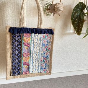 インド刺繍リボン ジュートマイバッグ