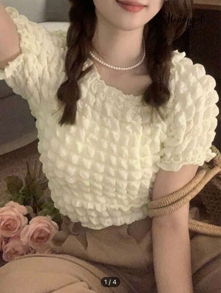 shein シーイン honeyspot トップス ブラウス 半袖 韓国 ガーリー ポップコーン ぽこぽこ 夏服 パフスリーブ