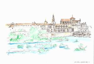 Art hand Auction Weltkulturerbe-Stadtbild, Spanien, Cordoba, Fluss Guadalquivir und Mezquita, F4-Zeichenpapier, Original Aquarellmalerei, Malerei, Aquarell, Natur, Landschaftsmalerei