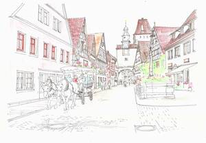 Art hand Auction Paysage urbain européen/Allemagne/Rothenburg/F4 papier à dessin/aquarelle peinture originale, peinture, aquarelle, Nature, Peinture de paysage