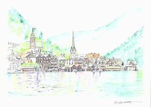 世界遺産の街並・オーストリア・ハルシュタット湖・F4画用紙・水彩画原画