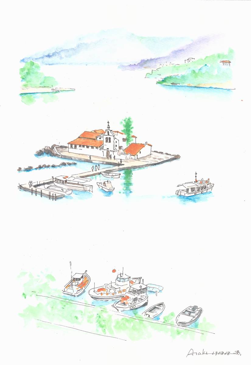 世界遺産の街並み･ギリシャ･ケルキラ島の海上教会･F4画用紙･水彩画原画, 絵画, 水彩, 自然, 風景画