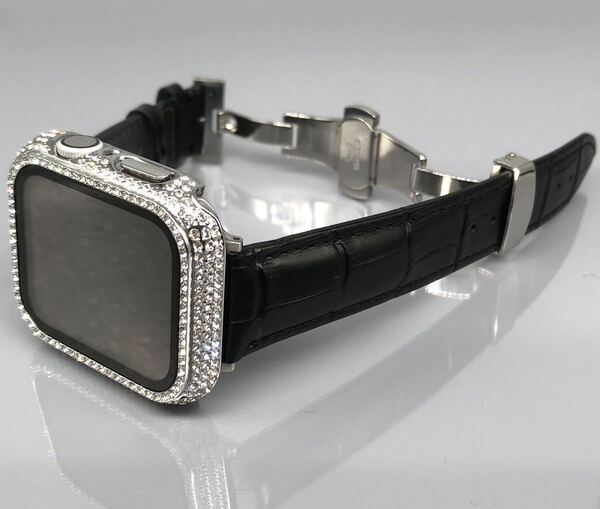 s ブラック アップルウォッチバンド 高級レザー 本革ベルト Apple Watch クロコ キラキラ カバー ケース 40mm 41mm 44mm 45mm 46mm 49mm