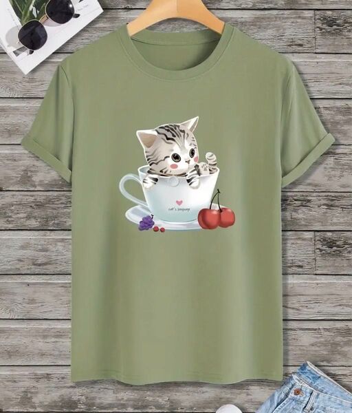 ティーカップ猫ちゃん 猫柄 半袖Tシャツ グリーン Sサイズ