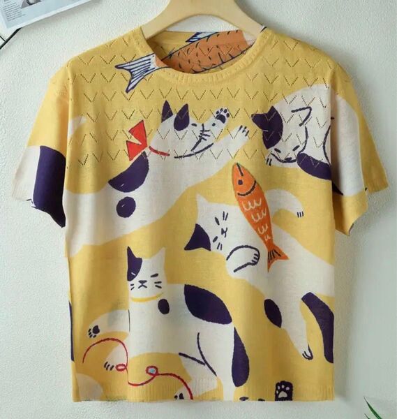猫柄 サマーニット イエロー Mサイズ