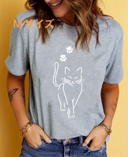 猫柄 半袖Tシャツ グレー Mサイズ