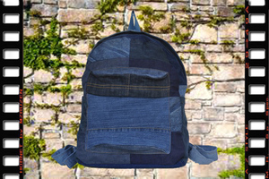 V recycle Denim bag daypack used some stains equipped remake .. connection . jeans DB-8th05