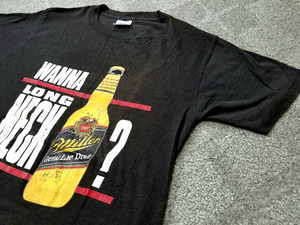 80s～ USA製 miller beer ミラービール プリントTシャツ L “WANNA LONGNECK？” 42‐44 墨黒 // ビンテージ アメリカ製 アメリカ古着