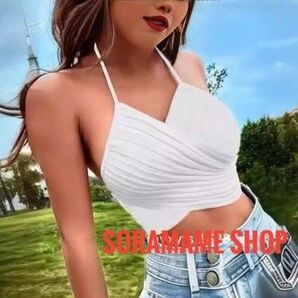 トップス ノースリーブ ニット ホルターネック ショート丈 伸縮 韓国ファッション レディース フリーサイズ 送料無料 即納