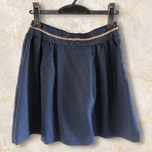 美品★フォーマルやオフィスにネイビーふんわりリボンスカート麻調 クーポン使えます