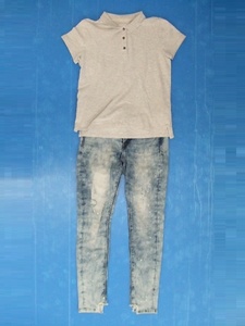 【お買得】★半袖ポロシャツ＆ダメージジーンズセット★①グレー/M/AMERICAN EAGLE OUTFITTERS ②青/64-91/New Vintage/裾に切れ込み有り