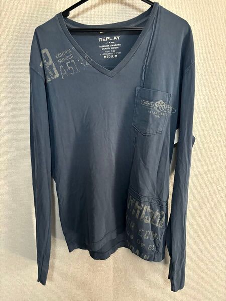 ロンT【古着】 replay薄着 ブルー 青 男女兼用 長袖 REPLAY 長袖Tシャツ MEDIUM REPLAY 長袖Tシャツ