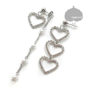 YGG* new goods 3 Heart long earrings 2 piece set pearl silver silver rhinestone pair both ear lady's fine clothes fine clothes 