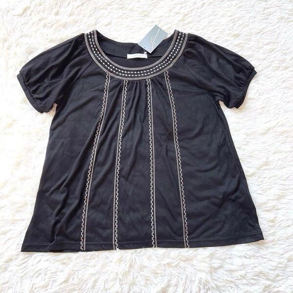 タグ付未使用 Sybiewest 半袖カットソー 刺繍 トップス ポワン袖 L Tシャツ トップス カジュアル プルオーバー 黒