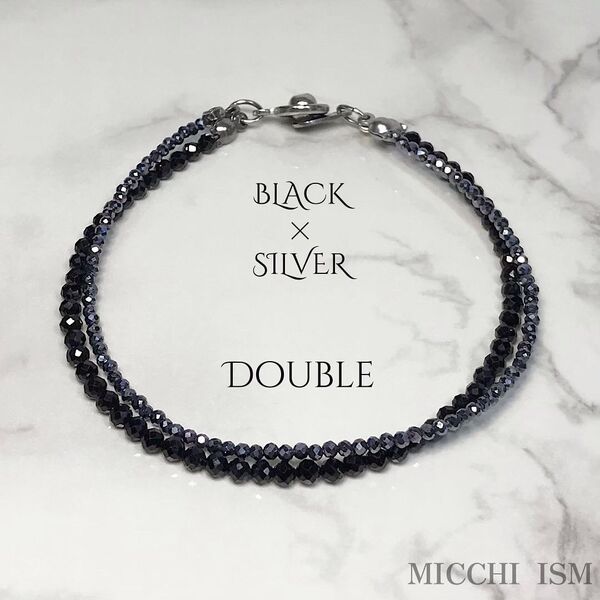 ブラックスピネル天然石 テラヘルツ鉱石 二連ブレスレット 上品アクセサリー シンプル キラキラ 細め 高品質 ボタン式 留め金具