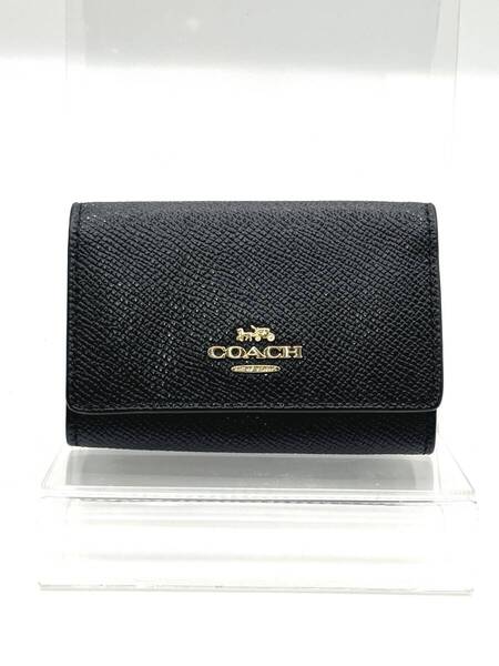【キーフック欠損×2】COACH コーチ 三つ折り 5連 キーケース キーリング付き ブラック×ゴールド ロゴ金具