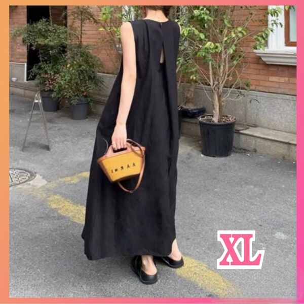 【大人気】ロングワンピース XL マキシ丈 体型カバー ワンピース 黒 キャミワンピ ノースリーブ 夏 ロング丈 バックオープン